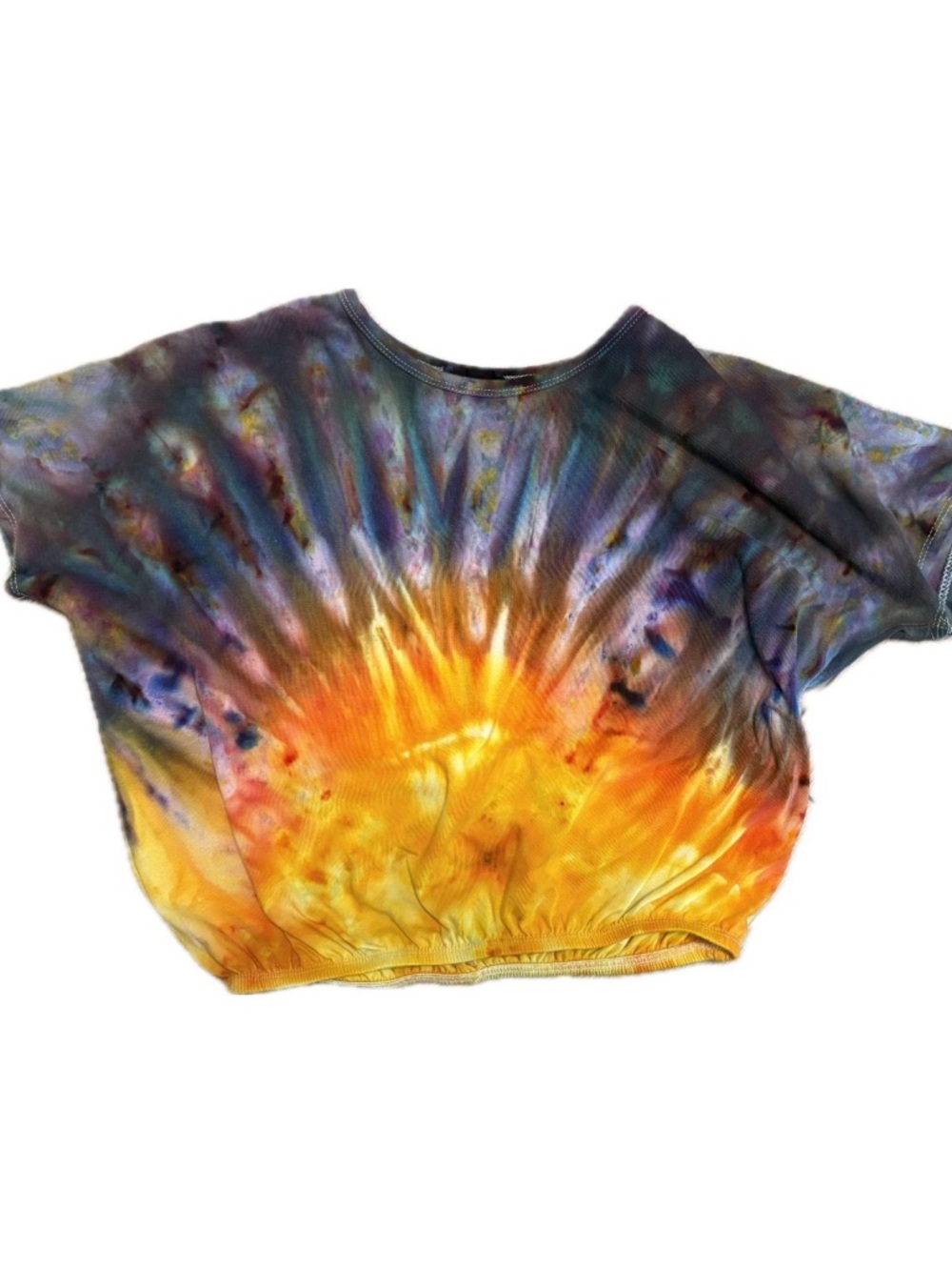 Tie-Dye Sunburst Crop Tee in Yellow, Orange & Purple